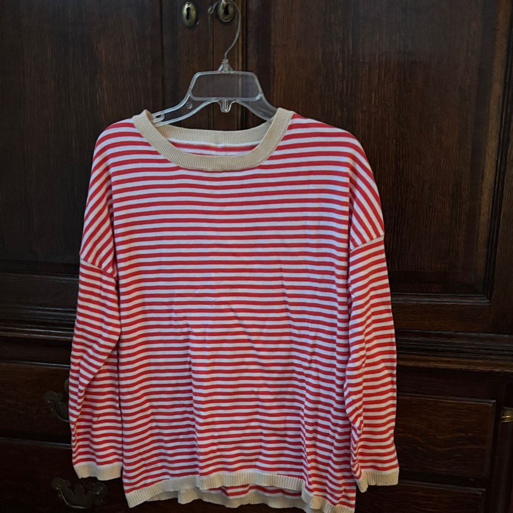 Red and White Striped Sweater with khaki trim